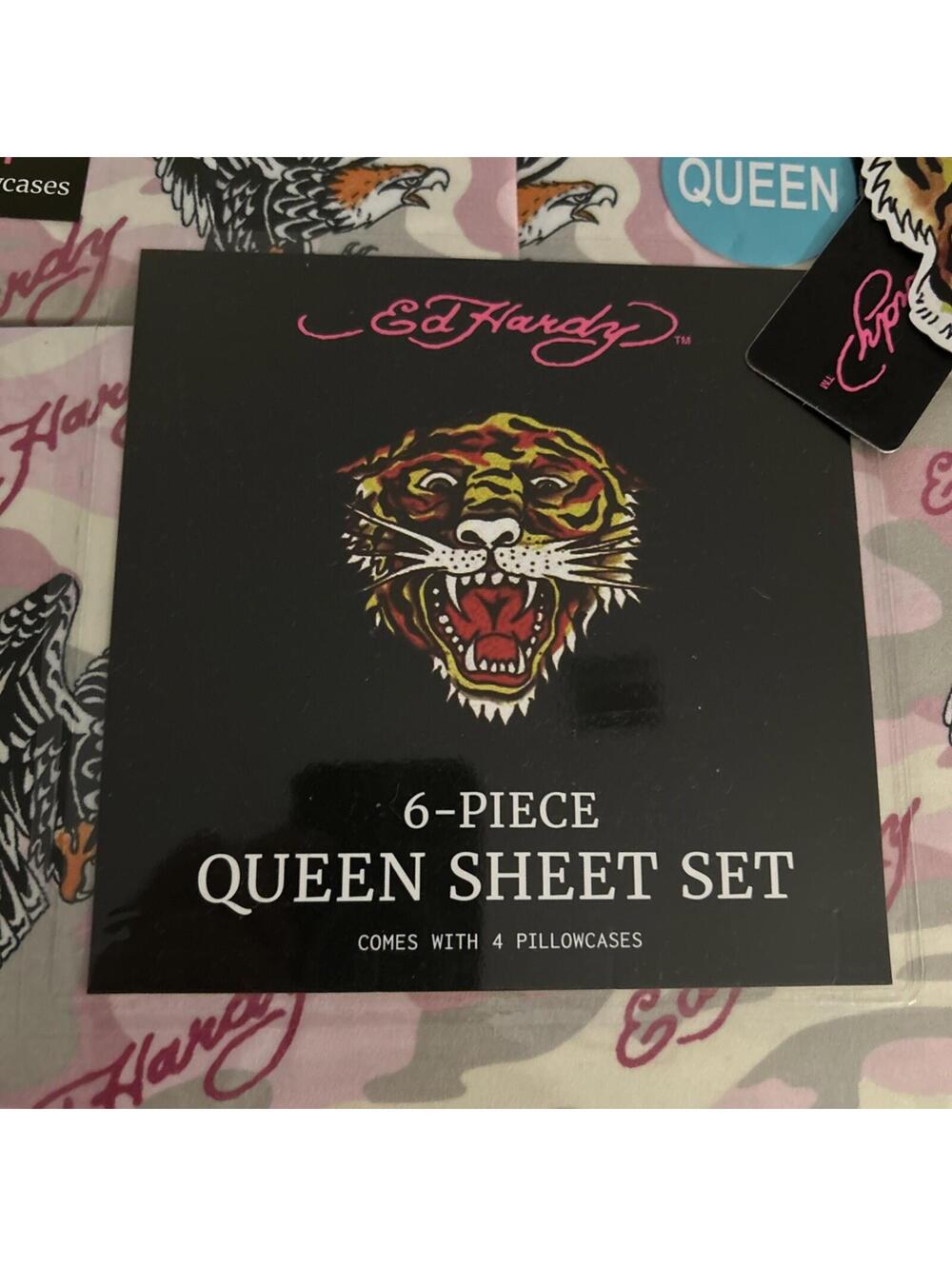 Ed Hardy Pink Gray Camo Sheet Set QUEEN Panthers Eagles Y2K w/4 Pillowcases NEW! - Picture 2 of 10